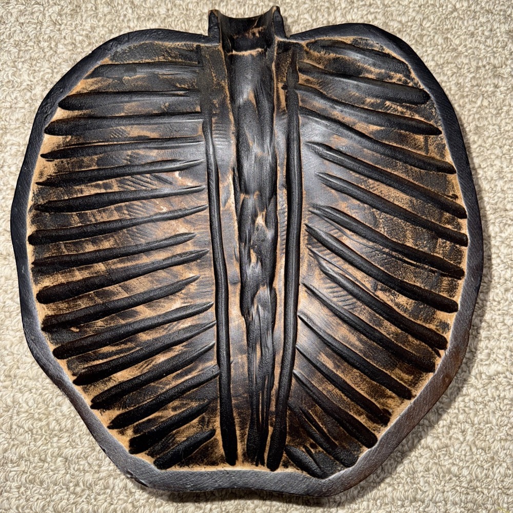 Carved Wooden Leaf Bowl Serving Dark Brown 9"x9" Mango Wood Handcrafted